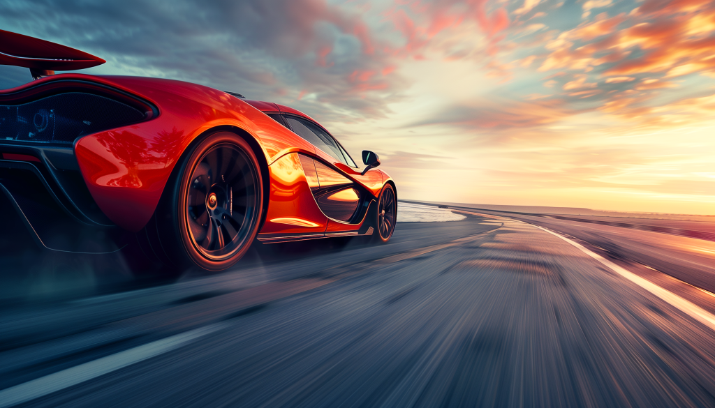 Red sports car on the road at sunset