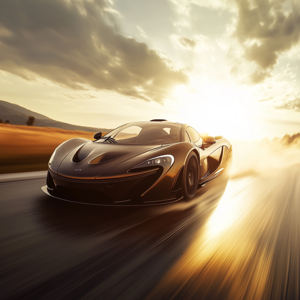 Red sports car on the road at sunset