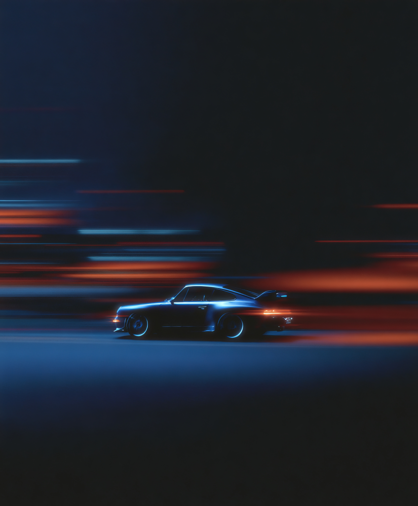 Red sports car on the road at sunset