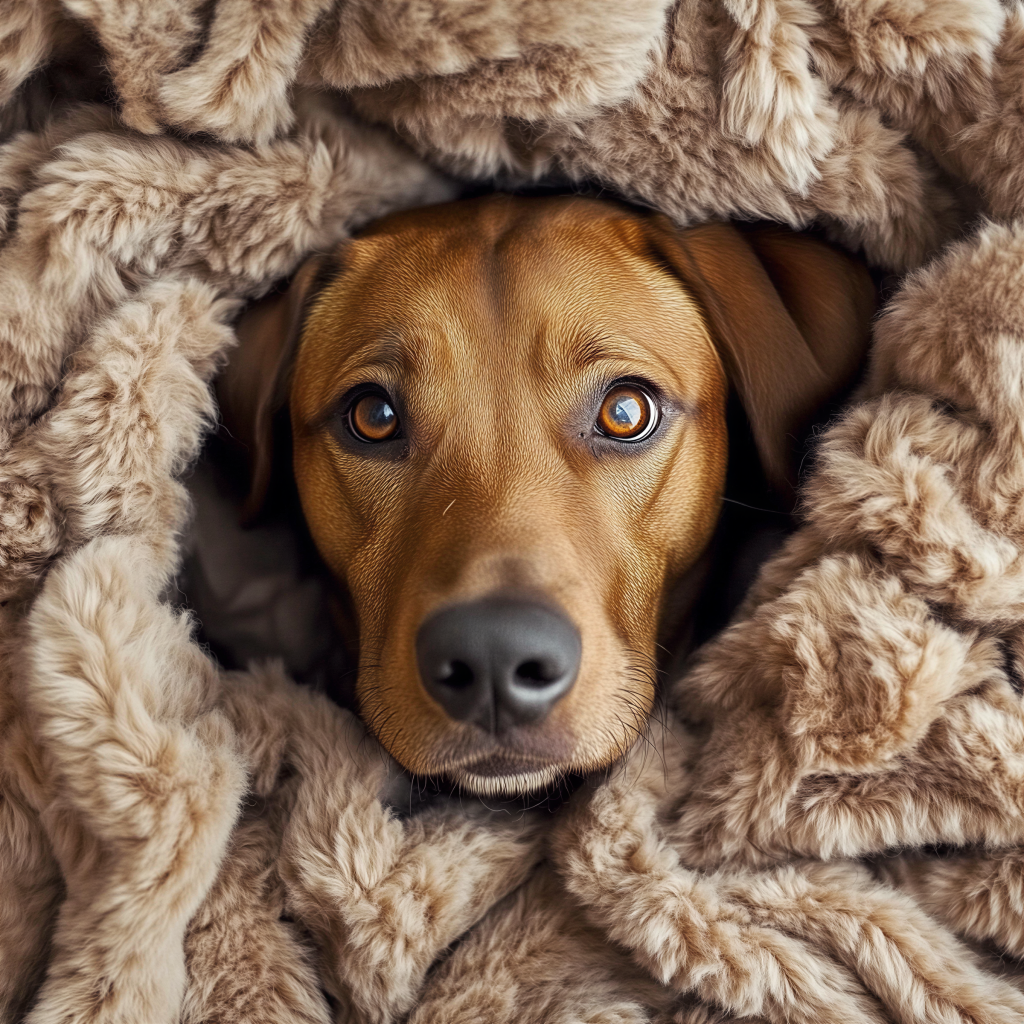 Portrait of a dog wrapped in a blanket