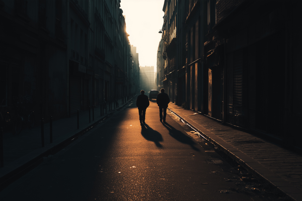 Silhouettes of passersby on a narrow street at sunset