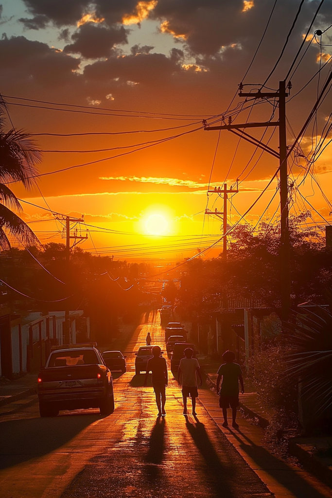 Silhouettes of passersby on a narrow street at sunset