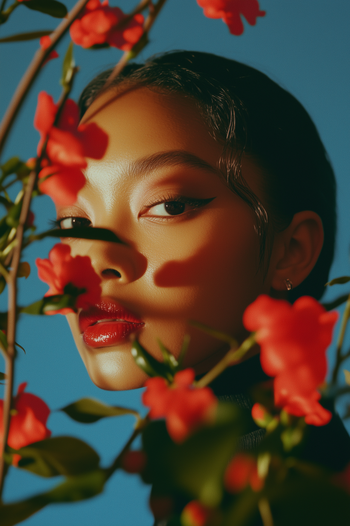 Portrait of a woman among red flowers