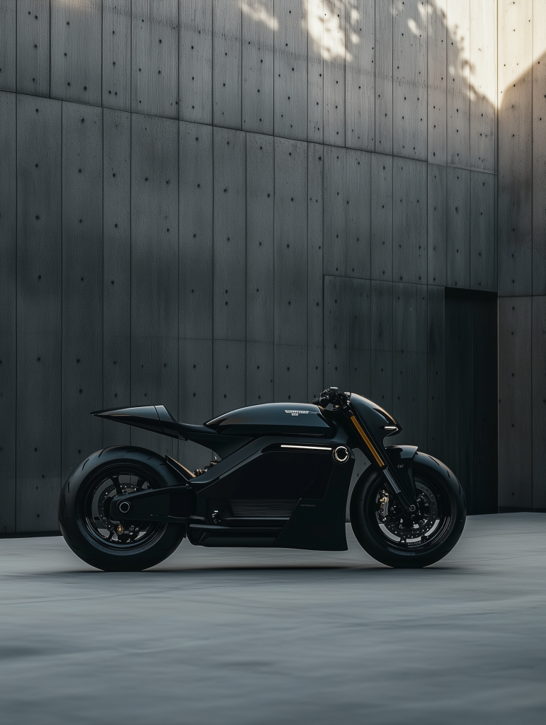 Black motorcycle against a concrete wall