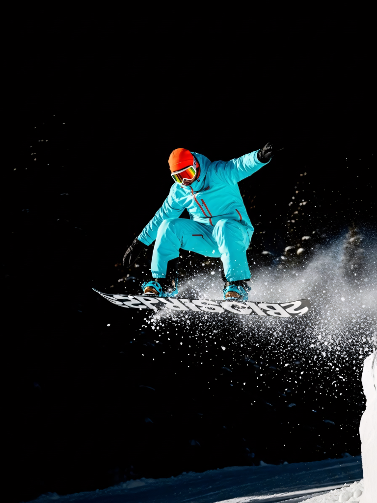 Snowboarder jumping at night