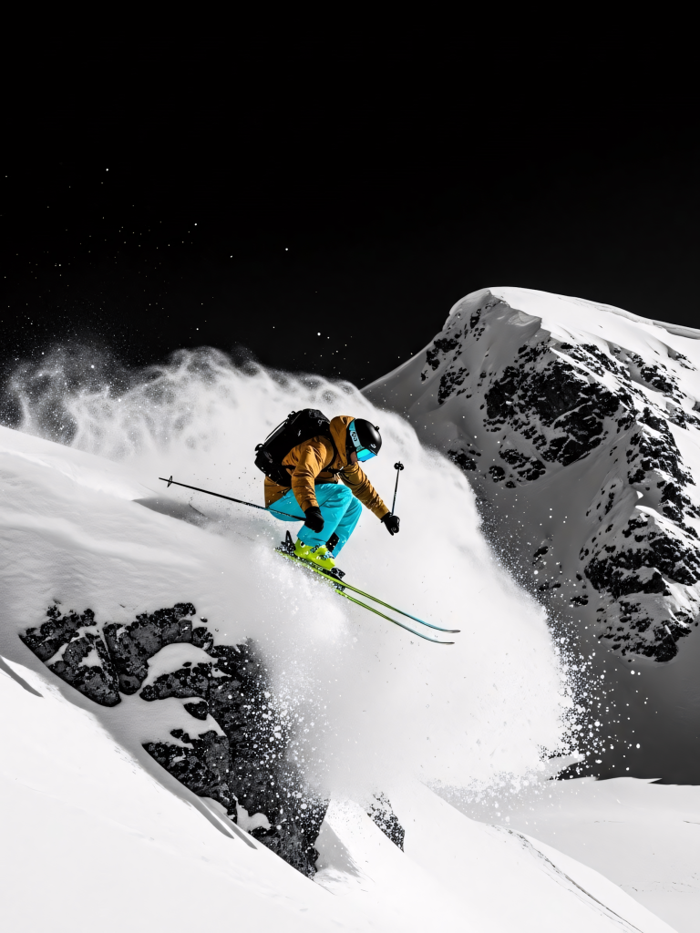 Snowboarder jumping at night