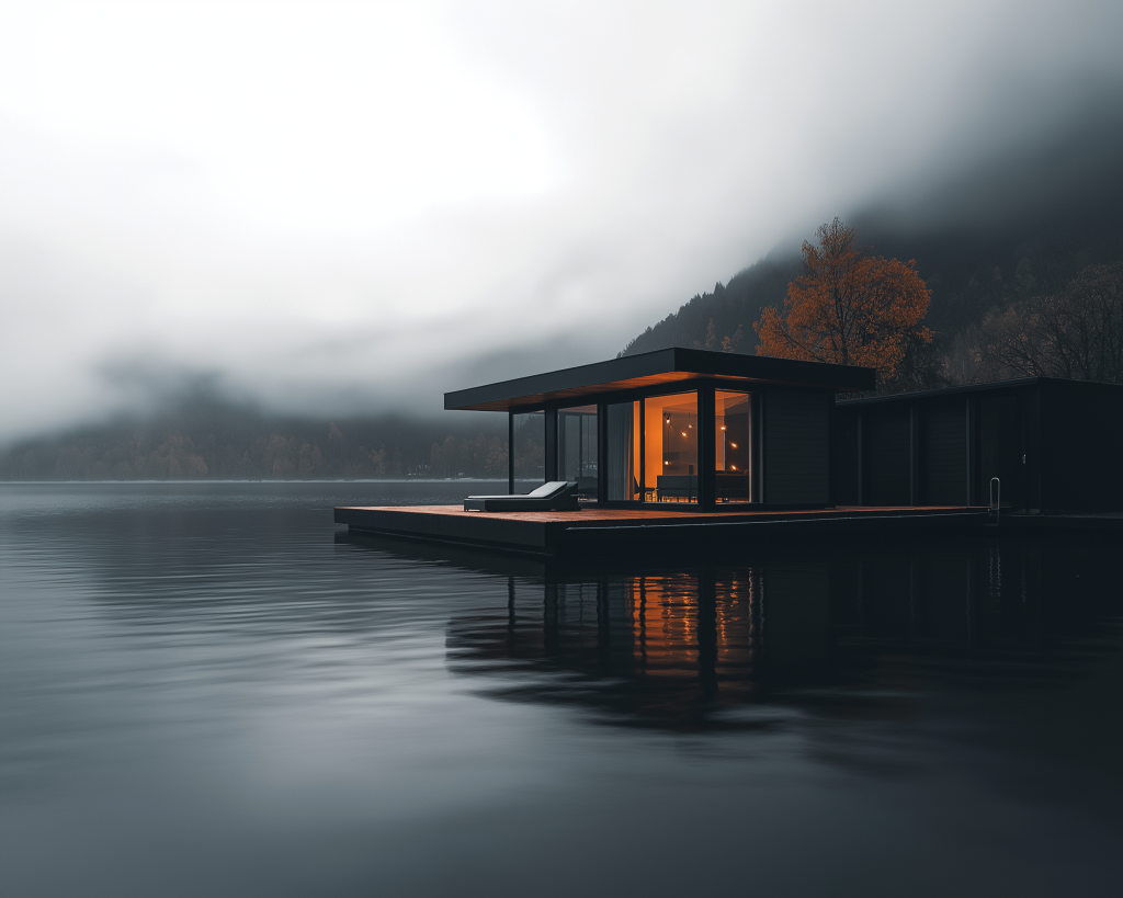 Modern house by a foggy lake