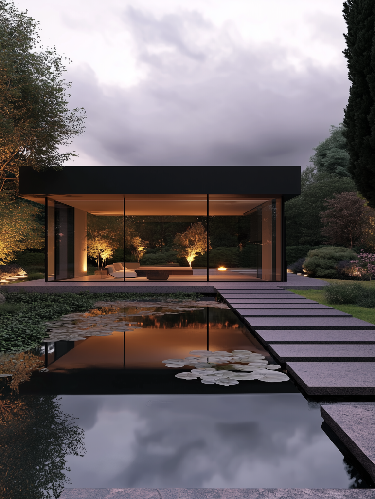 Modern house by a foggy lake
