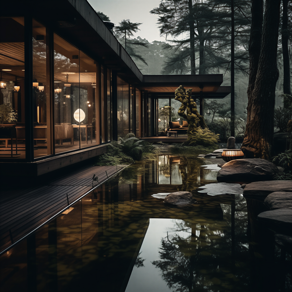 Modern house by a foggy lake