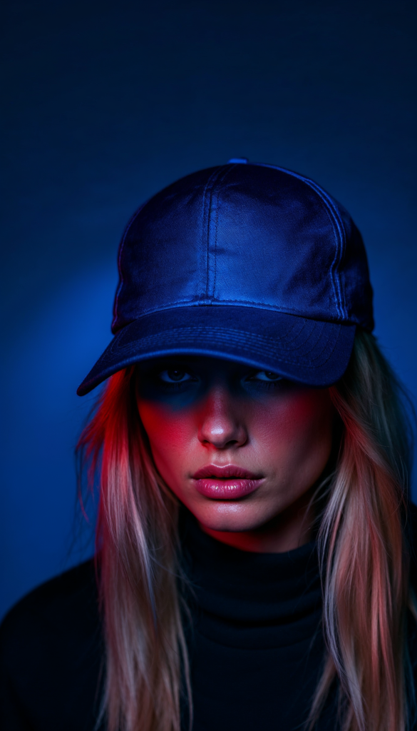 Portrait of a woman in a cap under blue light