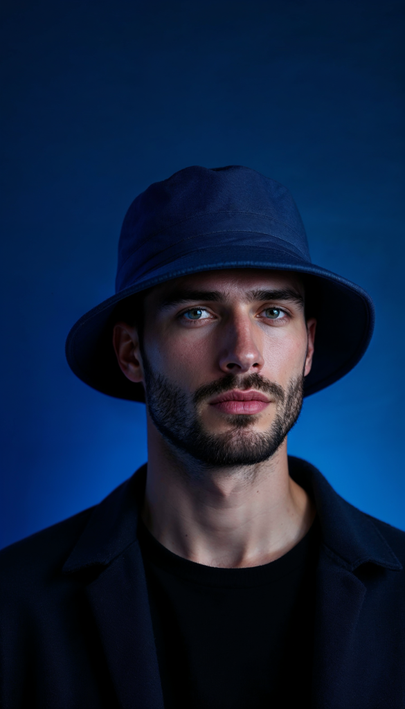 Portrait of a woman in a cap under blue light