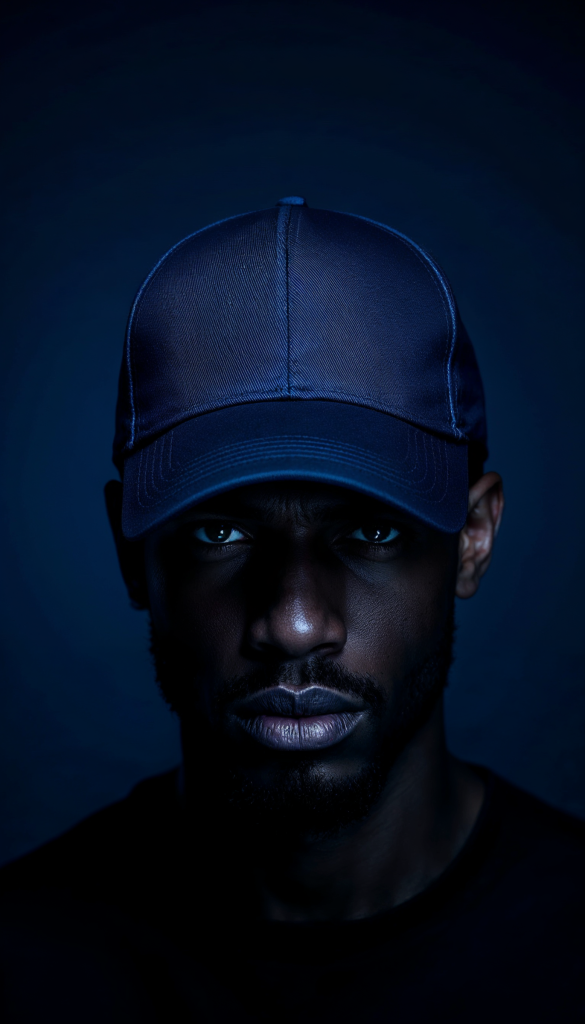 Portrait of a woman in a cap under blue light